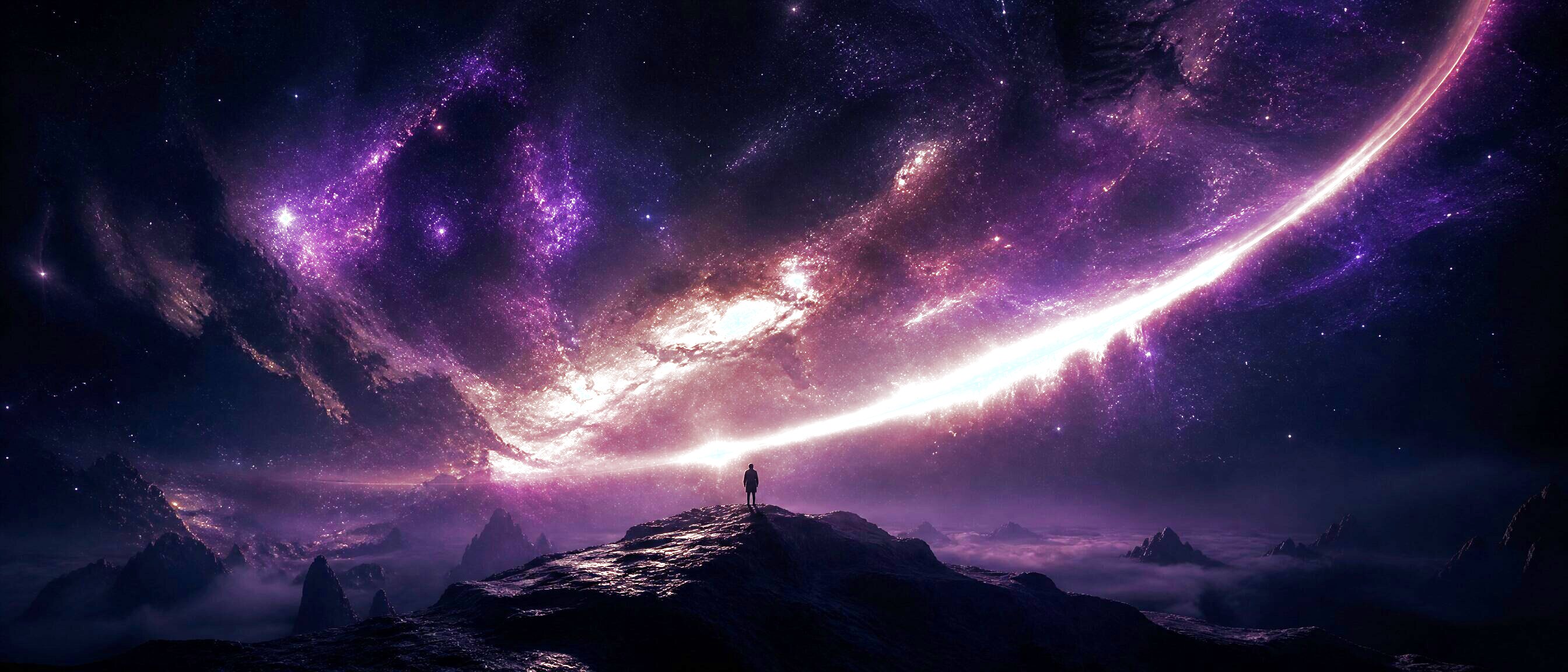A lone figure beneath a vast galaxy at midnight